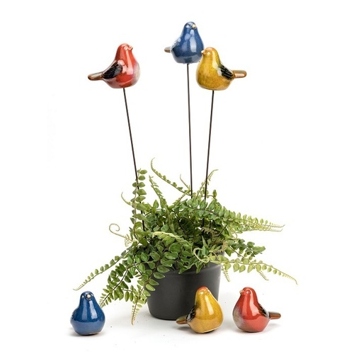 4x Garden 48cm Ceramic Birds on Stick Outdoor Decor - Assorted