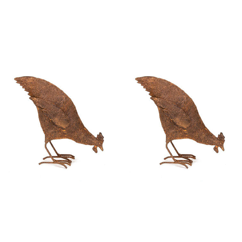 2x Garden Metal 17.5cm Metal Chicken Feeding Rust Small Outdoor Decor