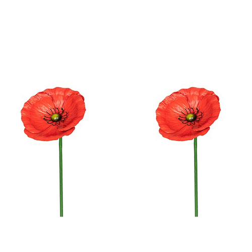 2x Garden 49cm Metal Stake Poppy Small Floral Decor - Red