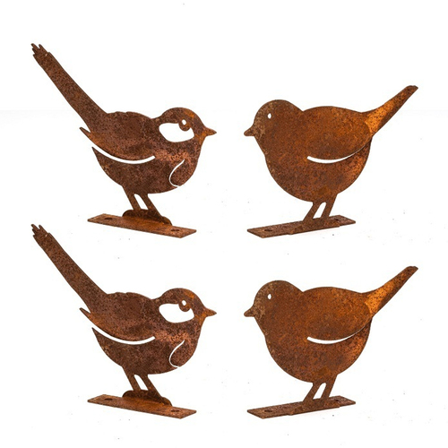 4x Garden Rust Metal 10cm Silhouette Bird Or Wren w/ Base - Assorted