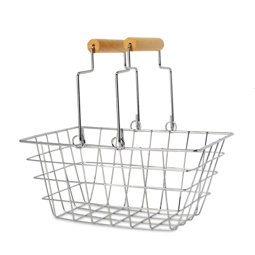 MamaMemo Metal Shopping Basket w/ Wooden Handle Kids 3y+