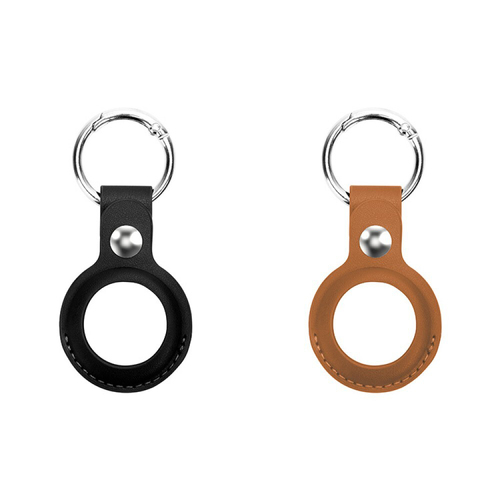 2PK Laser Vegan PU Leather Key Ring Holder For Apple AirTag - Black/Tan