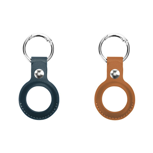 2PK Laser Vegan PU Leather Key Ring Holder For Apple AirTag - Blue/Tan