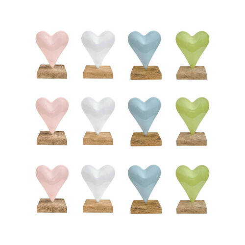 12PK LVD Heart On Stand Figurine Decor Iron/Wood Small 9.5x11cm - Assorted