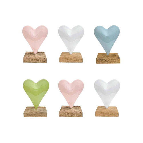 6PK LVD Heart On Stand Figurine Decor Iron/Wood Small 9.5x11cm - Assorted