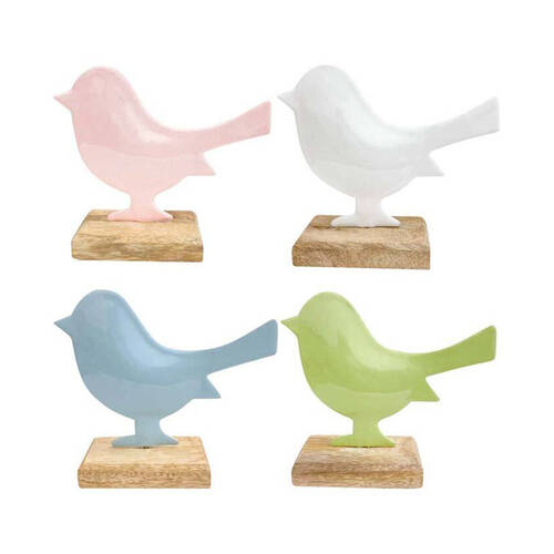 4PK LVD Bird On Stand Figurine Iron/Wood Decor 15x13cm - Assorted