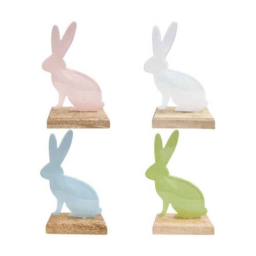 4PK LVD Rabbit On Stand Figurine Iron/Wood Decor 15x10cm - Assorted