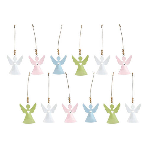 12PK LVD Hanging Angel Piece Wooden Ornament Decor 10cm Assorted