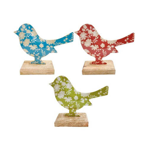 3PK LVD Floral Bird Figurine Iron/Wood Decor 15x13cm - Assorted