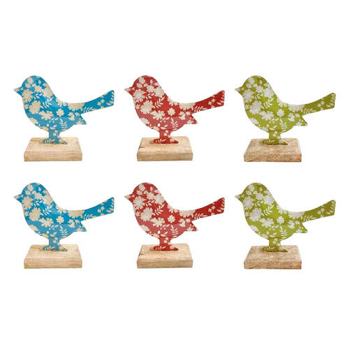 6PK LVD Floral Bird Figurine Iron/Wood Decor 15x13cm - Assorted