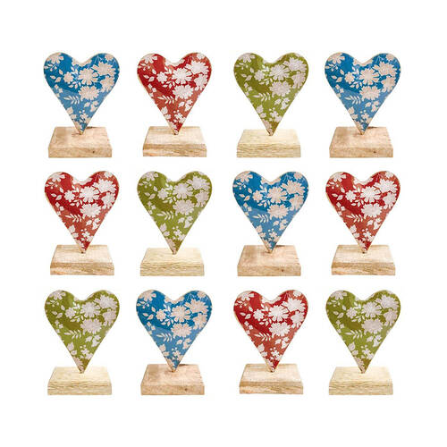 12PK LVD Floral Heart On Stand Figurine Iron/Wood Decor 9.5x11cm - Assorted