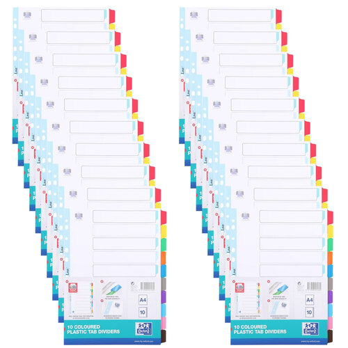 20PK Oxford A4 10 Coloured Reinforced Plastic Tab Dividers