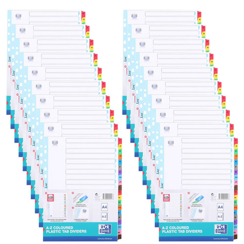 20PK Oxford A4 A-Z Coloured Reinforced Plastic Tab Dividers