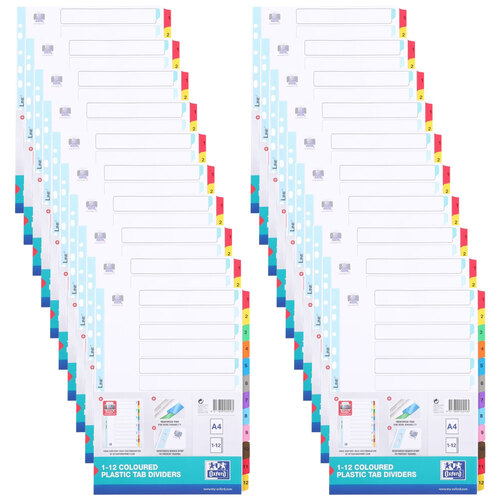 20PK Oxford A4 1-12 Plastic Reinforced Coloured Tab Dividers