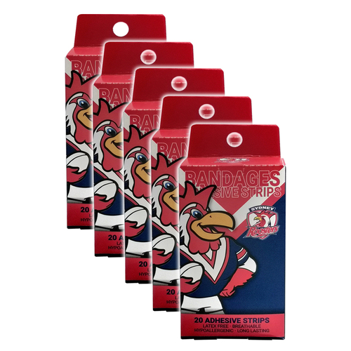 5x 20pc NRL Mascot Sydney Roosters Kids Adhesive Strips 6y+