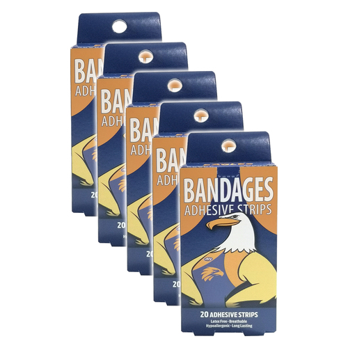 5x 20pc AFL Mascot Bandages West Coast Eagles Adhesive Strips Kids 6y+