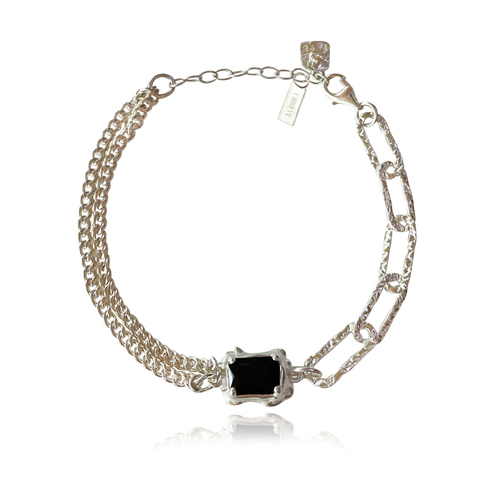 Culturesse Dakota 20cm Black Onyx Dual Chain Bracelet - Silver