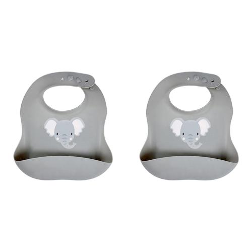 2PK Splosh Baby Elephant Silicone Feeding Bib Adjustable 24cm Grey 0+