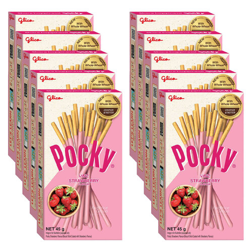 10PK Glico Pocky Strawberry Sticks Japanese Sweet Biscuit Snack 45G