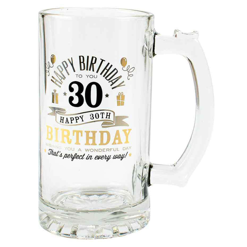 Tankard Beer Stein Glass Happy 30th Birthday To You Gold/Silver Foil Print 470ml