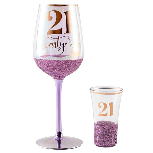 Purple Glitterati 21st Wine & Shot Drinking Glass Set 430ml/30ml