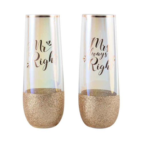 2pc Mr Right Mrs Always Right Stemless Champagne Glass 17cm