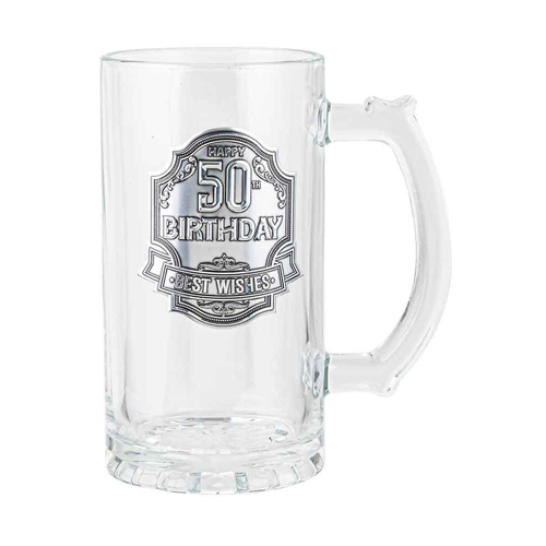 50th Badge Beer/Cider Glass Drinking Stein Birthday Gift Clear 450ml