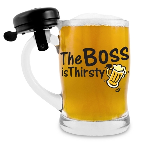 Beer Stein Bell The Boss Is Thirsty 12cm 350ml Novelty Drinking Glass w/Bell