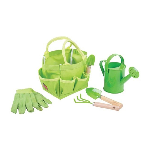 Bigjigs Toys Small Tote Bag w/ Garden Tools Kids Sand Toy Green 3y+