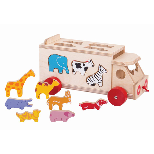 Bigjigs Toys Shape Sorter Lorry w/ 10 Wooden Animals Kids Toy 18m+