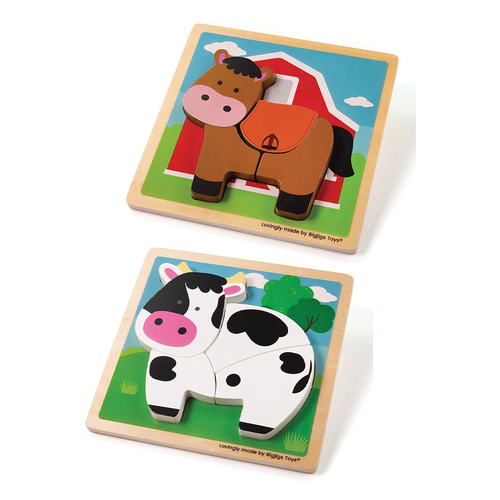 2x 4pc Bigjigs Toys 15cm Cow & Horse Lift Out Puzzle Toy Set 10m+