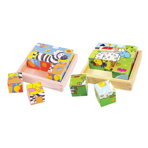 2PK Bigjigs Toys 10.5cm Safari & Animal Cube Puzzle Set 18m+