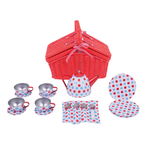 Bigjigs Toys Spotted Basket Tea Set Kids Outdoor Toy 3y+