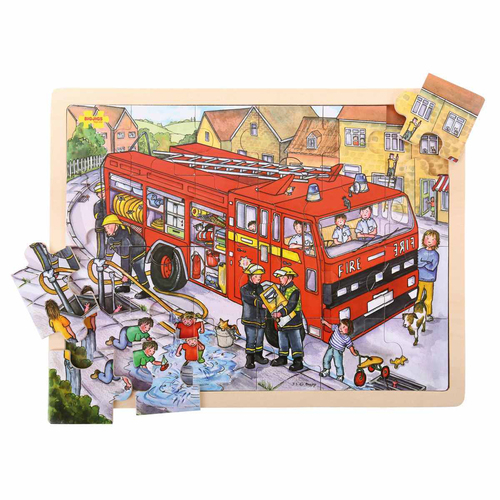 24pc Bigjigs Toys 43cm Large Tray Puzzle Fire Engine Kids Wooden Toy 3y+