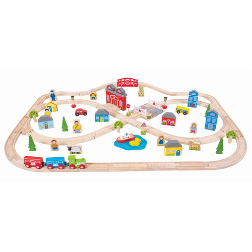 91pc Bigjigs Rail Town & Country Train Set Kids Wooden Toy 3y+