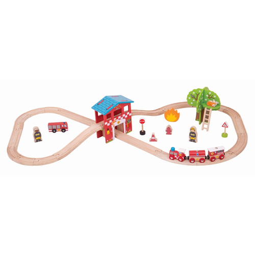 39pc Bigjigs Rail Fire Station Train Set Kids Wooden Toy 3y+