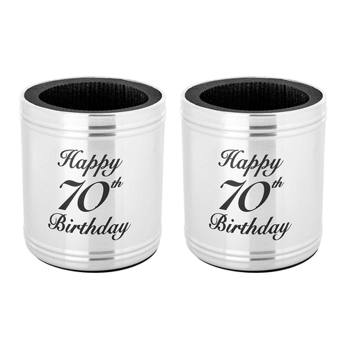 2PK Stubby Holder Happy 70th Birthday Stainless Steel