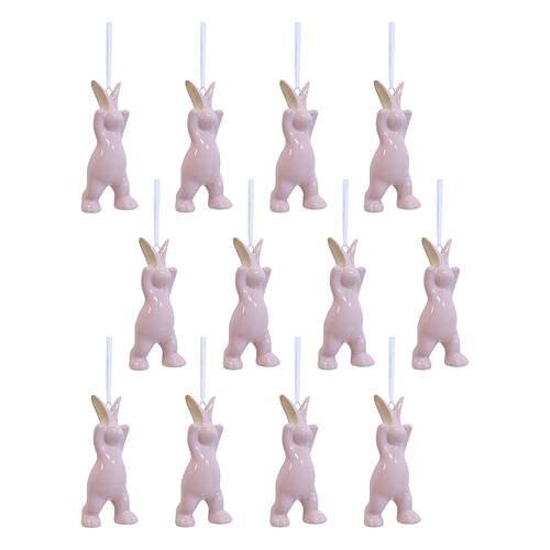 12PK LVD Hanging Bunny Ceramic Ornament Home Decor Pink 10.5cm