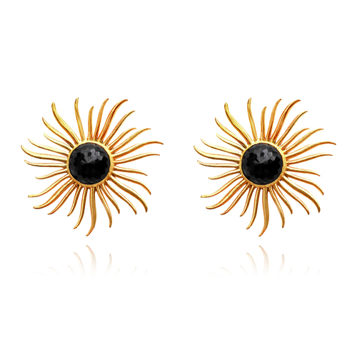 Culturesse Lumina 34mm Artisan 24K Onyx Stud Sun Earrings - Gold