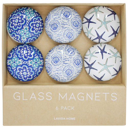 6pc LVD Blue Ocean Glass 11.5cm Fridge Magnet Home Decor Round Set