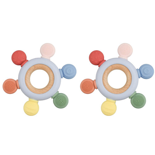 2PK Koala Dream Silicone And Wooden Teether Ring Blue 4M+