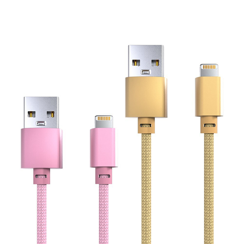 2PK Laser MFi USB-A to 8-Pin Braided Cable 2m For iPhone 14 - Gold/Pink