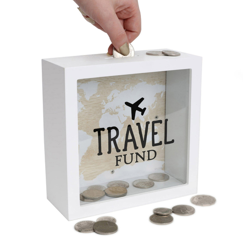 Splosh Travel Fund Wood Change Box 18x18cm Square - White