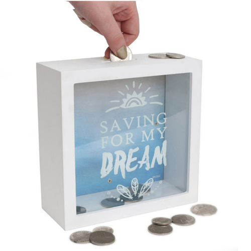 Splosh Saving For My Dream Wood Fund Change Box 18x18cm Square - White