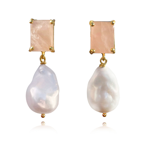 Culturesse Carlotta 24K Baroque 47mm Pearl Drop Earrings - Rose Quartz