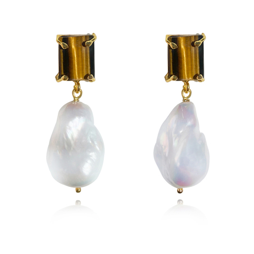 Culturesse Carlotta 24K Baroque 52mm Pearl Drop Earrings - Tiger Eye