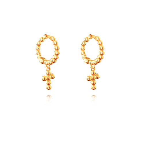 Culturesse Adina 18mm Beaded Dainty Cross Drop Earrings - Gold Vermeil