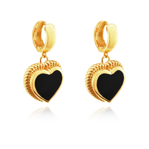 Culturesse Esmeray 3cm Black Onyx Heart Drop Earrings For Pierced Ears - Noir/Gold