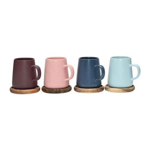 4pc Coffee Culture Matte Ceramic Tea Mug Set With Wood Coasters