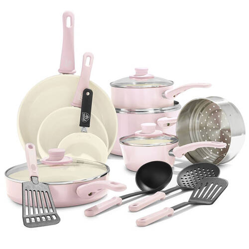 16pc Greenlife Soft Grip Aluminium Cookware Set - Quartz Pink